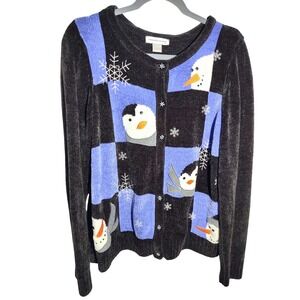 Christopher & Banks Women's Lg Black Chenille Snowman Penguin Cardigan‎ Sweater